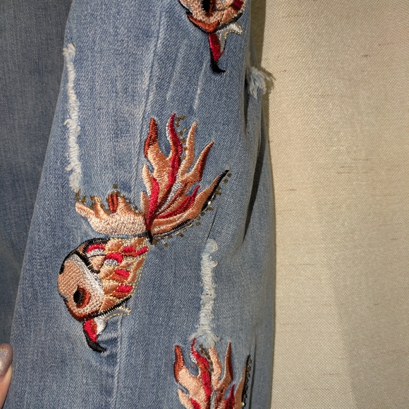 For The Republic Distressed Blue Jeans with Red Embroidery - Picture 3 of 6